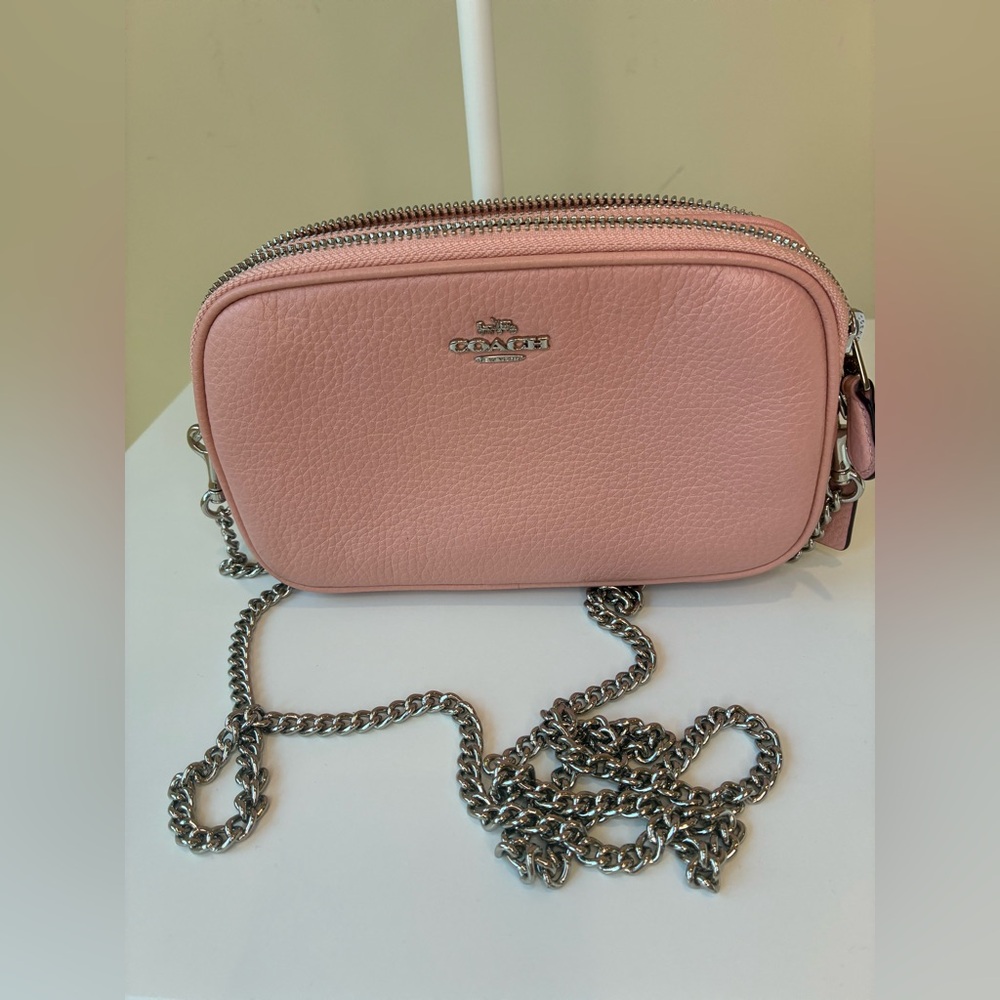 Coach Pebble Leather Crossbody Pouch Petal Pink with double zipper